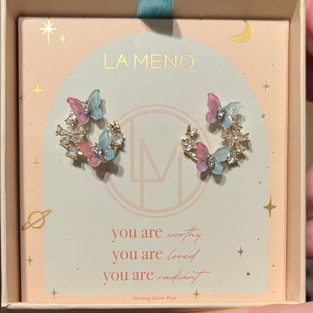 NIB La Meno Butterfly Earrings with Pink and Blue Accents sterling post